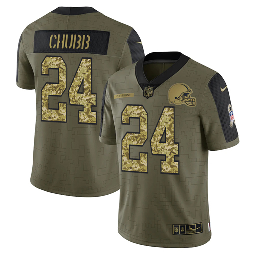 Men's Cleveland Browns #24 Nick Chubb 2021 Olive Camo Salute To Service Limited Stitched Jersey